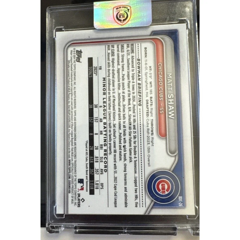2024 Bowman Chrome Draft Sapphire Matt Shaw Yellow 26/75 #BDC-26 Chicago Cubs